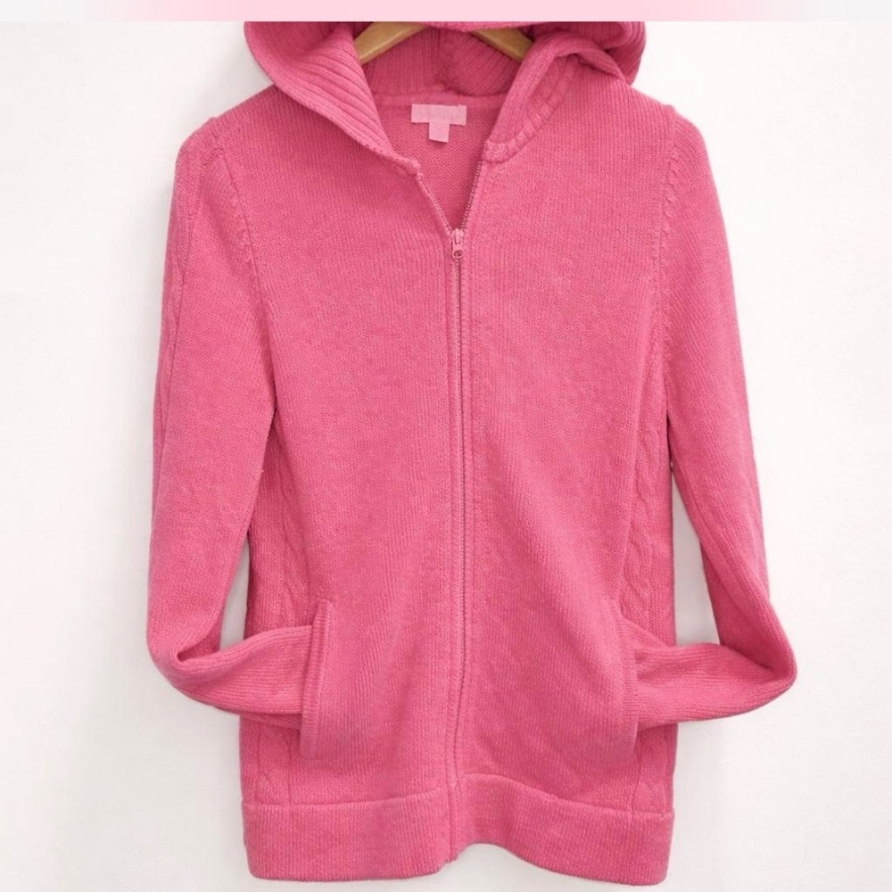VINTAGE LILLY PULITZER PINK CHUNKY CABLE KNIT ZIP-UP HOODIE WOMEN’S M COMFY
